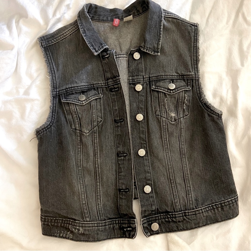 H&M Divided Grey Moto Denim Cutoff Sleeve Vest